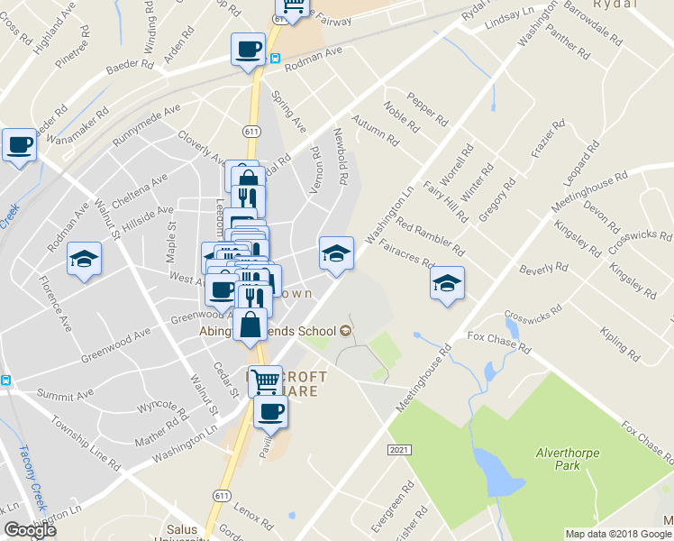 map of restaurants, bars, coffee shops, grocery stores, and more near 400 Newbold Road in Jenkintown