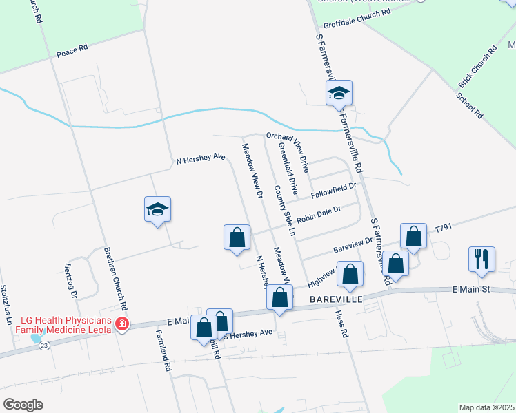 map of restaurants, bars, coffee shops, grocery stores, and more near 65 North Hershey Avenue in Leacock-Leola-Bareville