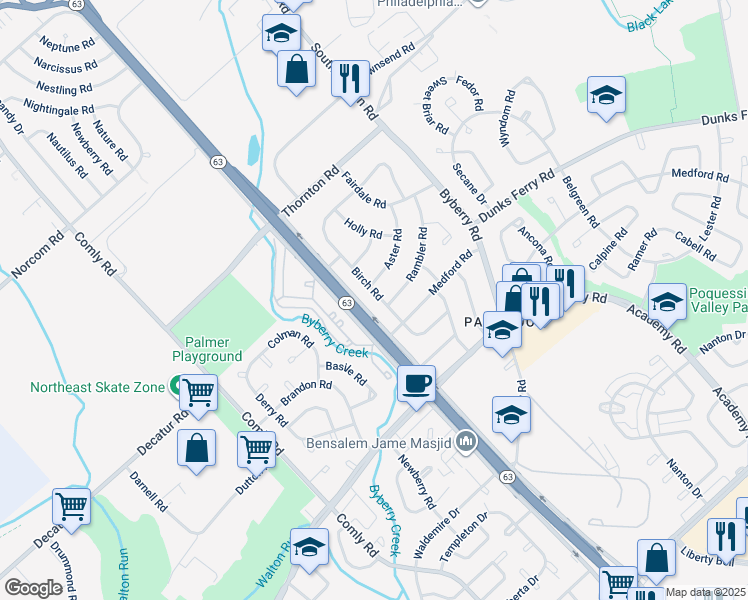 map of restaurants, bars, coffee shops, grocery stores, and more near 3252 Birch Road in Philadelphia
