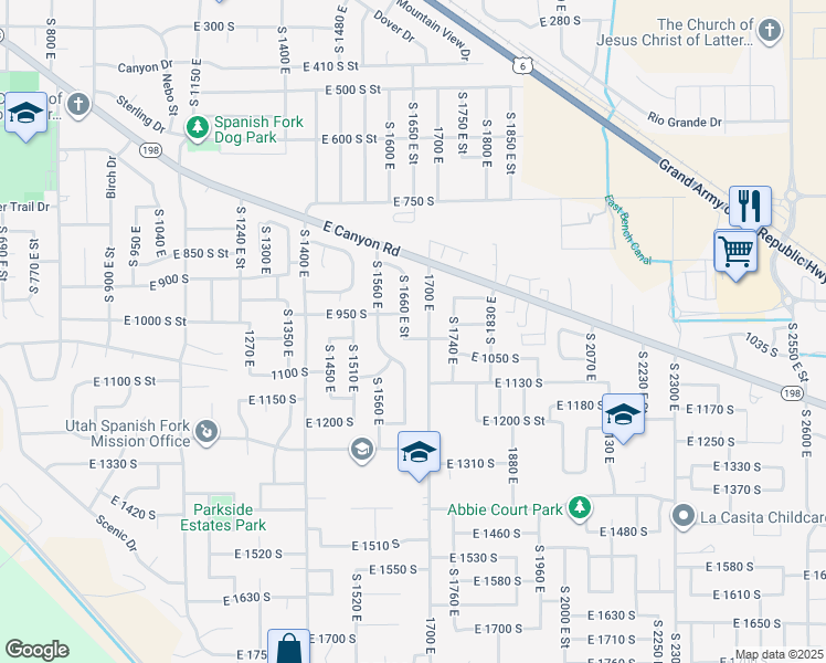map of restaurants, bars, coffee shops, grocery stores, and more near 993 South 1660 East in Spanish Fork