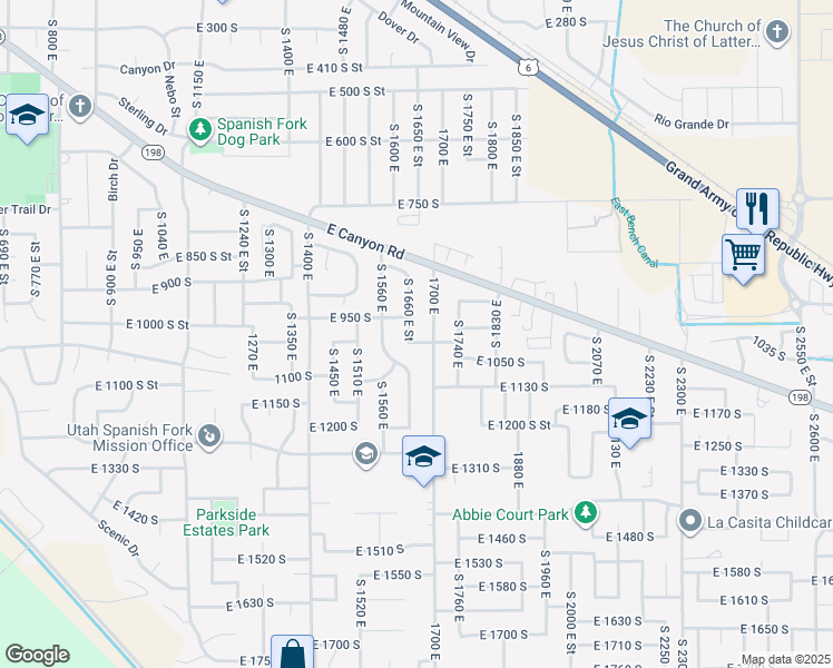 map of restaurants, bars, coffee shops, grocery stores, and more near 993 South 1660 East in Spanish Fork