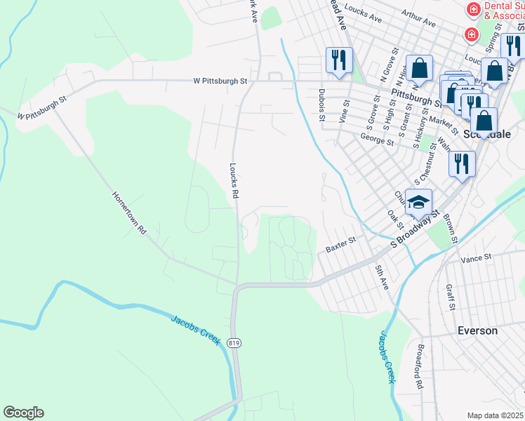 map of restaurants, bars, coffee shops, grocery stores, and more near 1 Woodcrest Circle in Scottdale