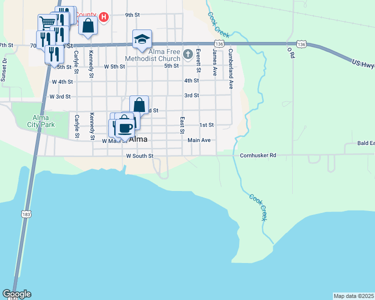map of restaurants, bars, coffee shops, grocery stores, and more near 400-498 West South Street in Alma