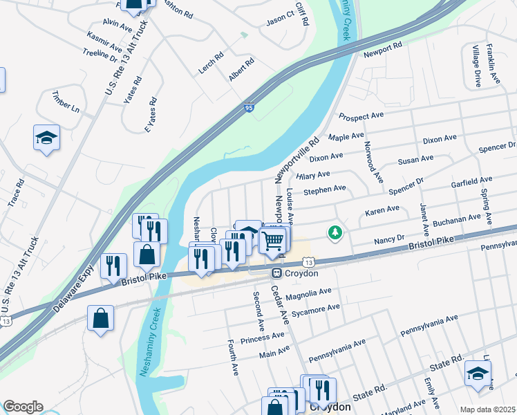 map of restaurants, bars, coffee shops, grocery stores, and more near 225 Belmont Avenue in Croydon