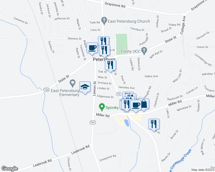 map of restaurants, bars, coffee shops, grocery stores, and more near 2009 Linden Street in East Petersburg