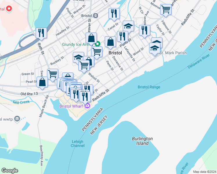 map of restaurants, bars, coffee shops, grocery stores, and more near 112 Walnut Street in Bristol