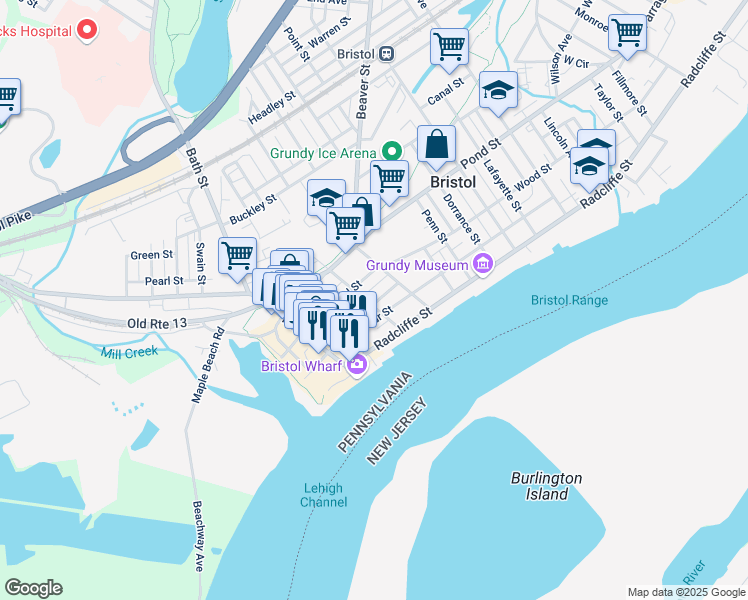 map of restaurants, bars, coffee shops, grocery stores, and more near 1027 Cedar Street in Bristol