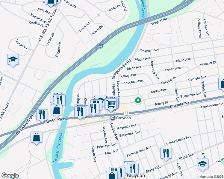 map of restaurants, bars, coffee shops, grocery stores, and more near 223 Newportville Road in Croydon
