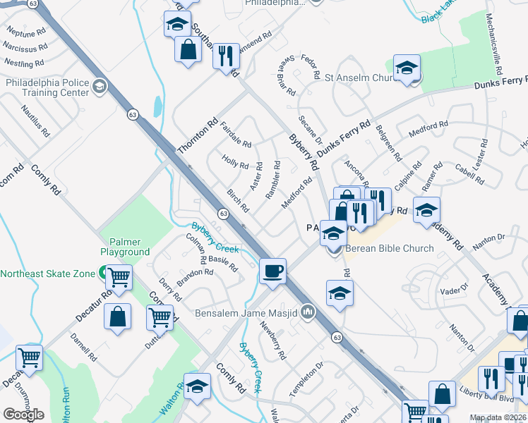 map of restaurants, bars, coffee shops, grocery stores, and more near 12118 Medford Road in Philadelphia