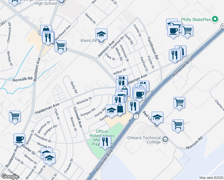 map of restaurants, bars, coffee shops, grocery stores, and more near 9986 Wistaria Street in Philadelphia