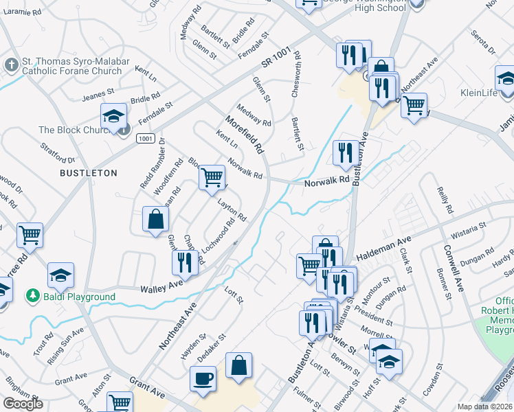 map of restaurants, bars, coffee shops, grocery stores, and more near 9831 Walley Avenue in Philadelphia