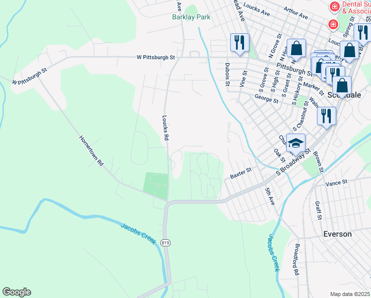 map of restaurants, bars, coffee shops, grocery stores, and more near 1 Woodcrest Circle in Scottdale