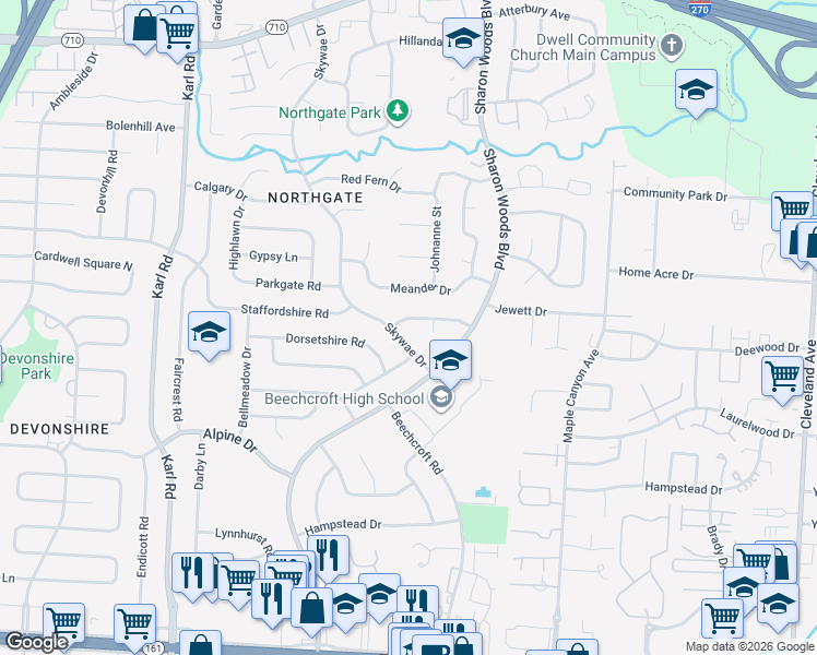map of restaurants, bars, coffee shops, grocery stores, and more near 6277 Skywae Drive in Columbus