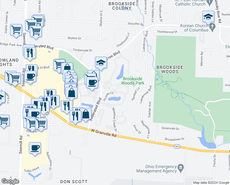 map of restaurants, bars, coffee shops, grocery stores, and more near 2303 Vicente Court in Columbus