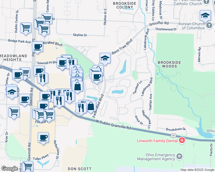 map of restaurants, bars, coffee shops, grocery stores, and more near 6850 Meadow Creek Drive in Columbus