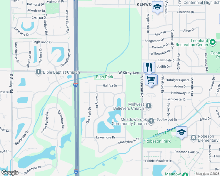 map of restaurants, bars, coffee shops, grocery stores, and more near 3310 Roxford Drive in Champaign