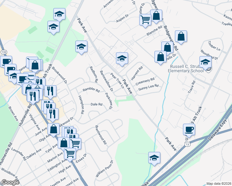 map of restaurants, bars, coffee shops, grocery stores, and more near 1513 Barnswallow Drive in Bensalem