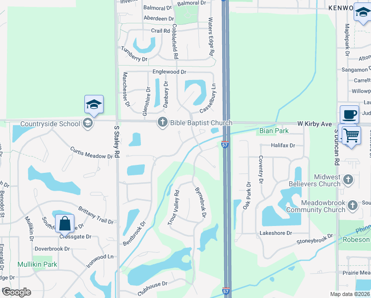 map of restaurants, bars, coffee shops, grocery stores, and more near 1803 Byrnebruk Drive in Champaign