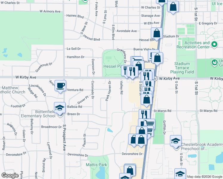 map of restaurants, bars, coffee shops, grocery stores, and more near 1704 Park Haven Drive in Champaign