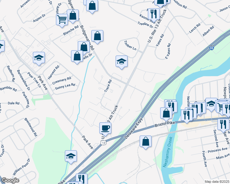 map of restaurants, bars, coffee shops, grocery stores, and more near 1003 Oldham Court in Bensalem