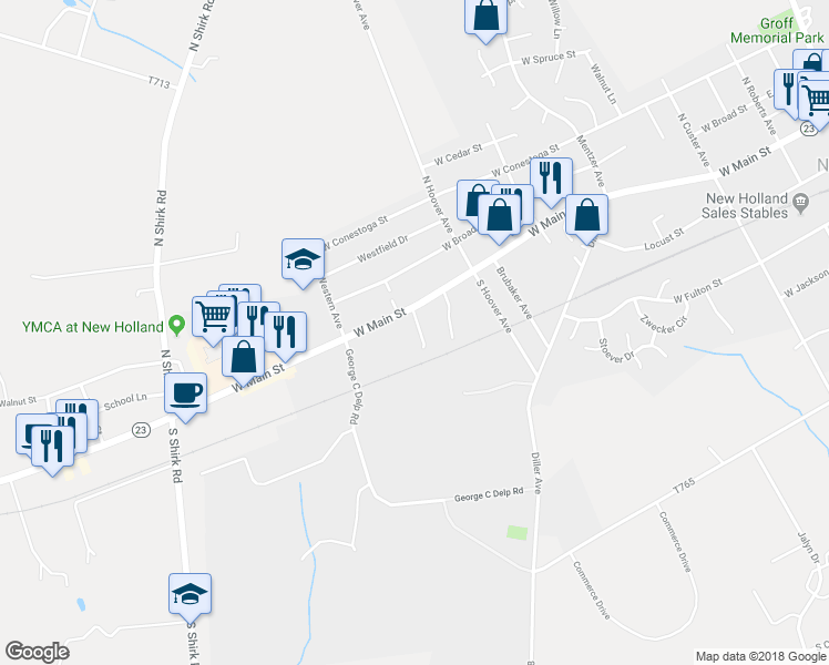 map of restaurants, bars, coffee shops, grocery stores, and more near 554 West Main Street in New Holland