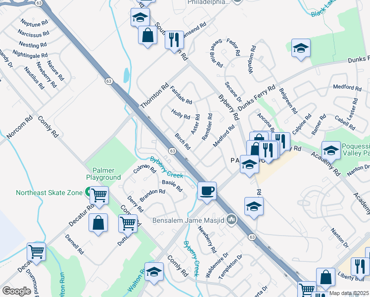 map of restaurants, bars, coffee shops, grocery stores, and more near 3250 Birch Road in Philadelphia