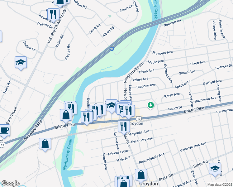map of restaurants, bars, coffee shops, grocery stores, and more near 225 Belmont Avenue in Croydon