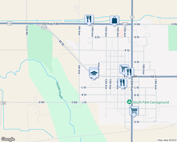 map of restaurants, bars, coffee shops, grocery stores, and more near 1001 M Street in Franklin