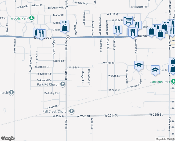 map of restaurants, bars, coffee shops, grocery stores, and more near 1809 Rosewood Drive in Anderson