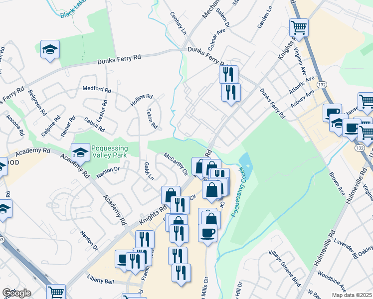 map of restaurants, bars, coffee shops, grocery stores, and more near 12900 Knights Road in Philadelphia