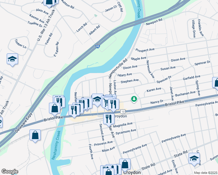 map of restaurants, bars, coffee shops, grocery stores, and more near 223 Newportville Road in Croydon