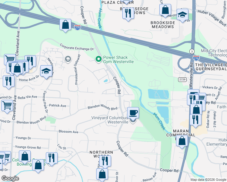 map of restaurants, bars, coffee shops, grocery stores, and more near 3067 Birch Hollow Way in Columbus