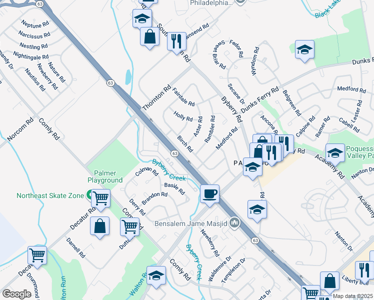 map of restaurants, bars, coffee shops, grocery stores, and more near 3250 Birch Road in Philadelphia