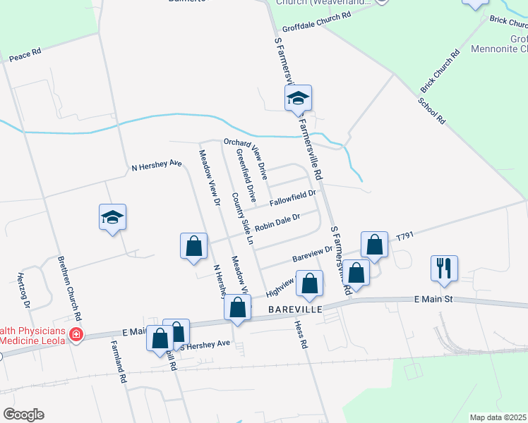 map of restaurants, bars, coffee shops, grocery stores, and more near 208 Fallowfield Drive in Leacock-Leola-Bareville