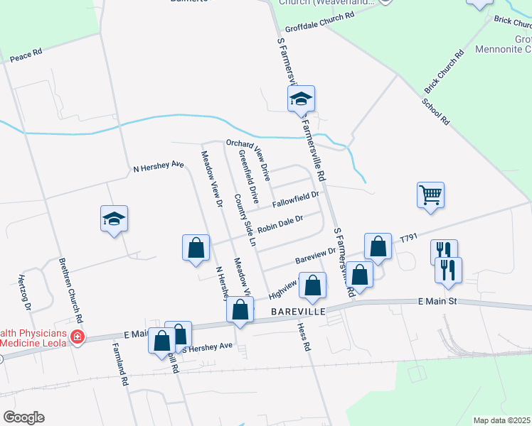 map of restaurants, bars, coffee shops, grocery stores, and more near 208 Fallowfield Drive in Leacock-Leola-Bareville