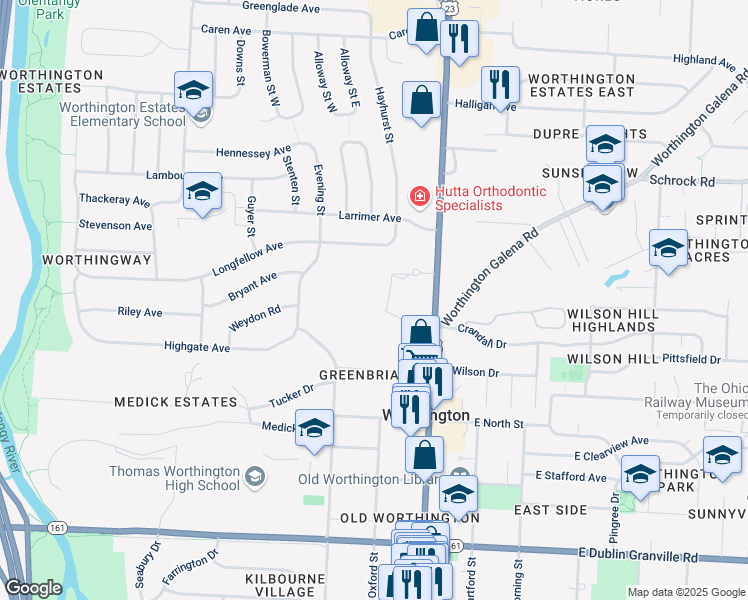 map of restaurants, bars, coffee shops, grocery stores, and more near 1033 High Street in Worthington