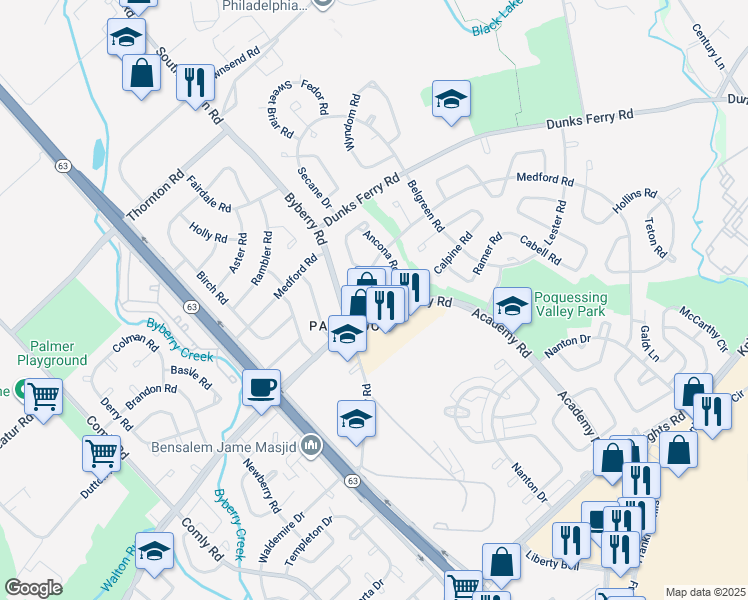 map of restaurants, bars, coffee shops, grocery stores, and more near 12307 Medford Road in Philadelphia