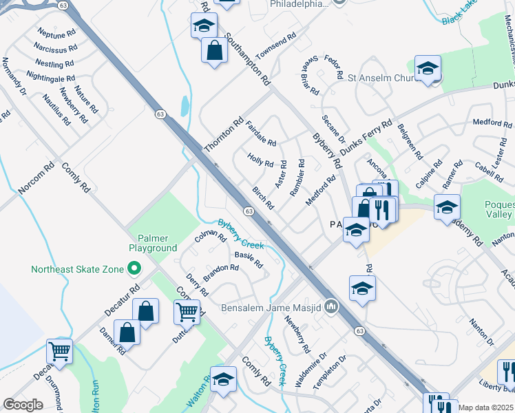 map of restaurants, bars, coffee shops, grocery stores, and more near 1615 Riverside Drive in Philadelphia