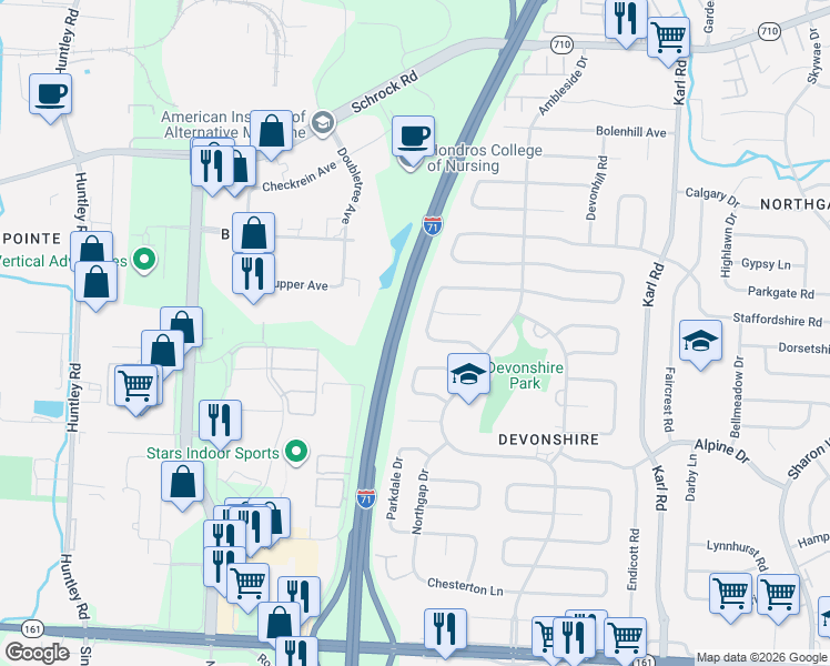 map of restaurants, bars, coffee shops, grocery stores, and more near 1209 Kildale Square South in Columbus