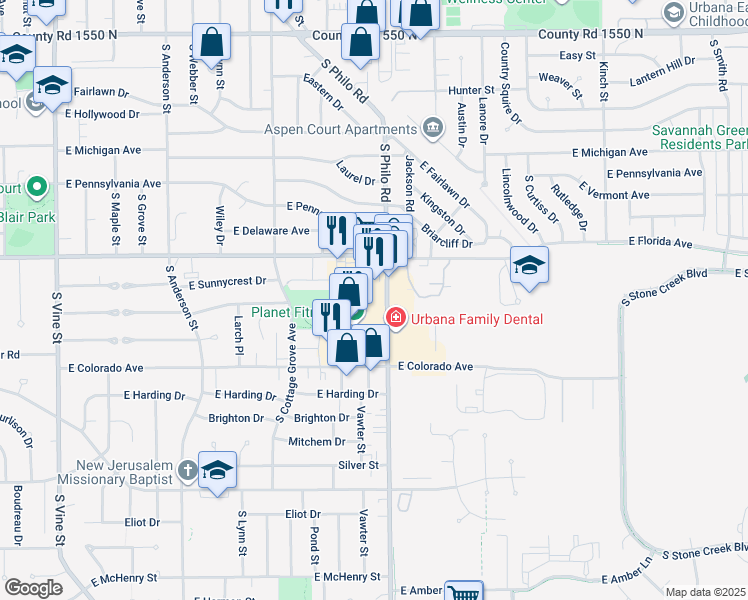 map of restaurants, bars, coffee shops, grocery stores, and more near 1801 Philo Road in Urbana