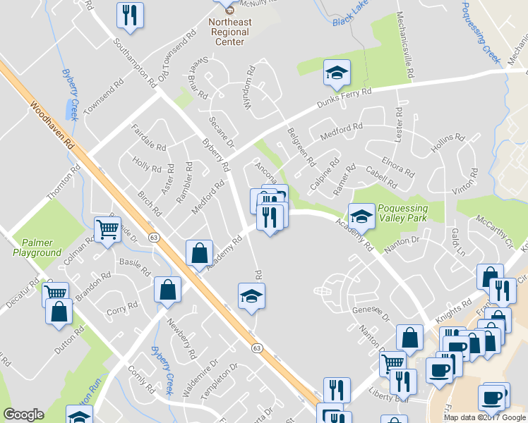 map of restaurants, bars, coffee shops, grocery stores, and more near 12307 Medford Road in Philadelphia