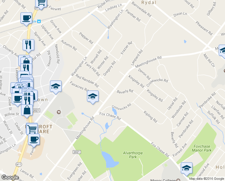 map of restaurants, bars, coffee shops, grocery stores, and more near 1162 Beverly Rd in Jenkintown