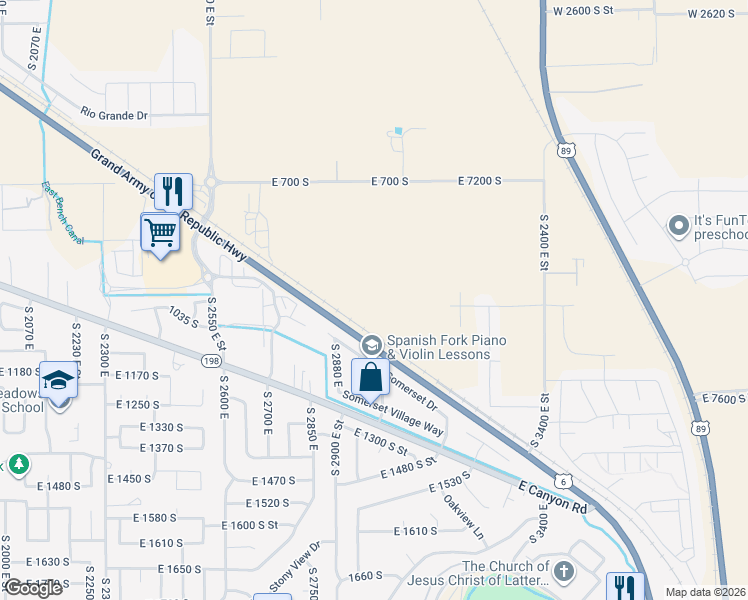 map of restaurants, bars, coffee shops, grocery stores, and more near 2969 East 1000 South in Spanish Fork