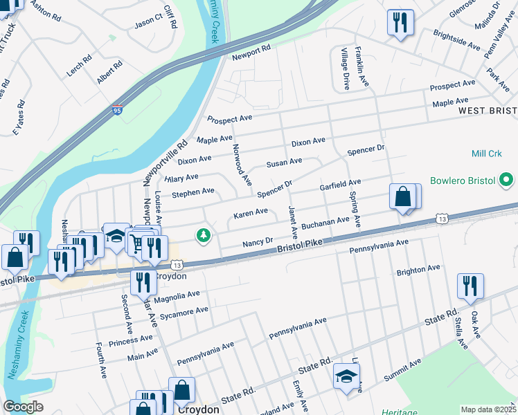 map of restaurants, bars, coffee shops, grocery stores, and more near 1301 Karen Avenue in Croydon