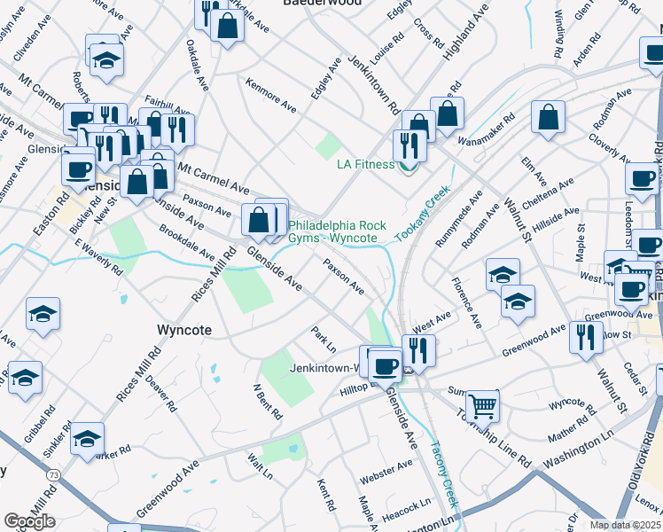 map of restaurants, bars, coffee shops, grocery stores, and more near 725 Paxson Avenue in Wyncote