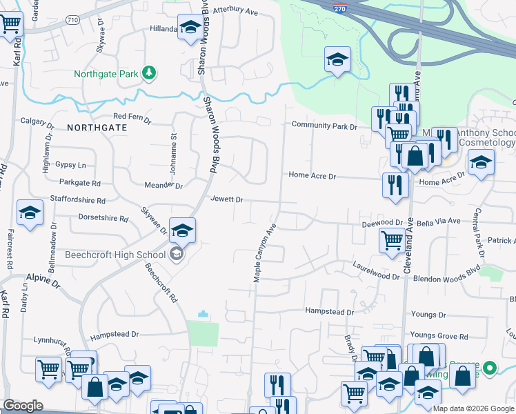 map of restaurants, bars, coffee shops, grocery stores, and more near 2115 Jewett Drive in Columbus