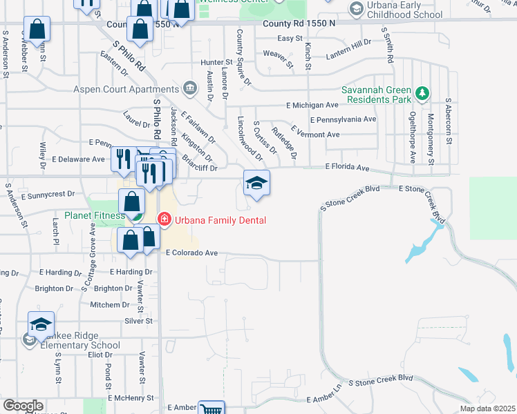 map of restaurants, bars, coffee shops, grocery stores, and more near 1801 East Florida Avenue in Urbana