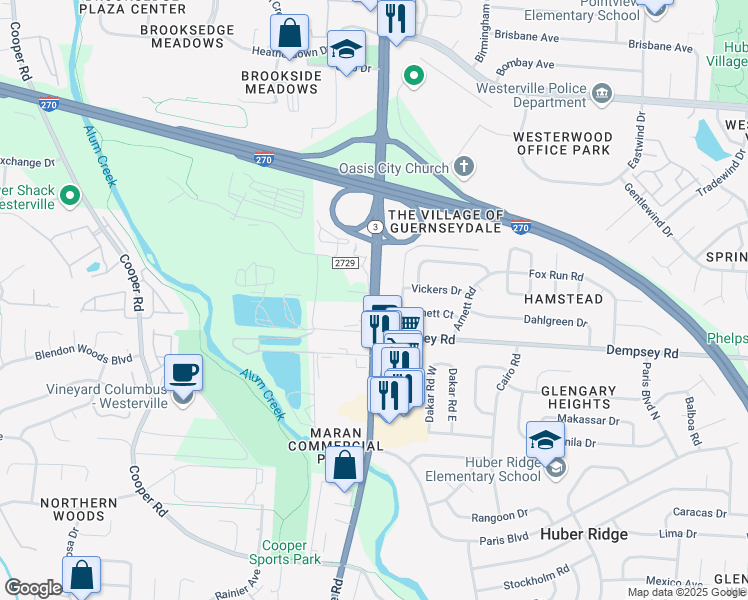 map of restaurants, bars, coffee shops, grocery stores, and more near 6235 Westerville Road in Westerville