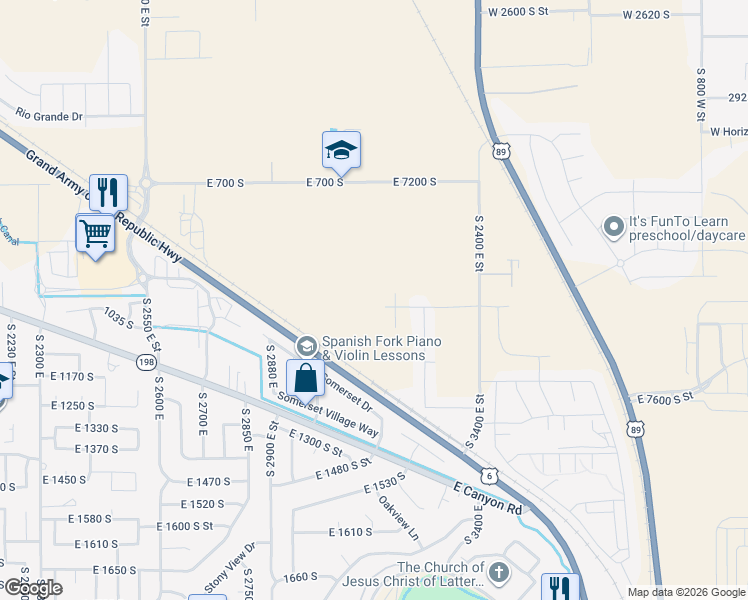 map of restaurants, bars, coffee shops, grocery stores, and more near 3121 East 1000 South in Spanish Fork