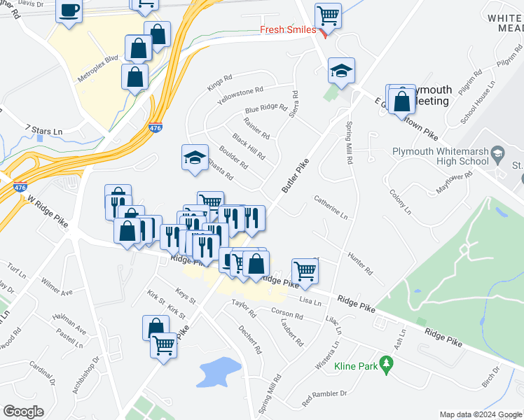 map of restaurants, bars, coffee shops, grocery stores, and more near 2010 Butler Pike in Conshohocken